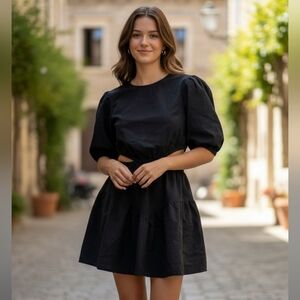 Oak And Fort 100% Cotton Short Puff Sleeve Black Cut Out Mini Dress Size S